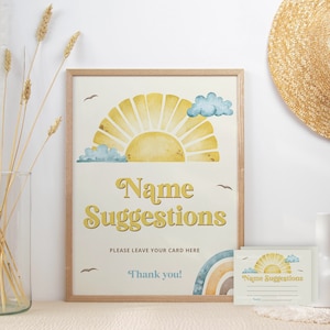 Suggestiebord babynaam, naamkaartjes baby, ideeën voor babynamen, Sunshine babyshower, babyshower Here Comes The Son, sun baby sprinkle, SUN1