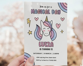 May include: A white invitation with a rainbow design and a cartoon unicorn with a pink and purple mane. The text on the invitation reads "Join us for a Magical Day Luiza is turning 5! Saturday | 8 March | 2:00PM 4396 Lady Bug Drive, Staten Island RSVP by 1st March to 718-982-3050"