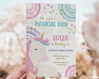 May include: A colourful invitation featuring a unicorn illustration and rainbow accents. The text reads "Join us for a Magical Day, Luiza is turning 5! Saturday | 8 March | 2:00PM, 4396 Lady Bug Drive, Staten Island, RSVP by 1st March to 718-982-3050."