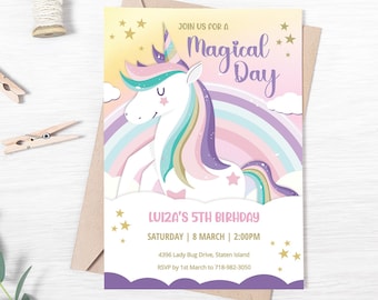 May include: A purple, pink and blue unicorn with a gold horn and a rainbow behind it. The text on the invitation reads "Join us for a Magical Day, Luiza's 5th Birthday, Saturday | 8 March | 2:00PM, 4396 Lady Bug Drive, Staten Island, RSVP by 1st March to 718-982-3050".