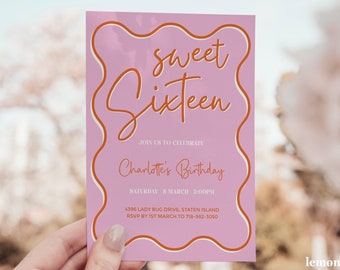 Sweet Sixteen Invite, Invitation For Teens, 16th Birthday Ideas, Sweet 16 Invitation, Wavy invitation, pink wavy border invitation, PINK2