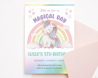 May include: A colourful invitation for a 5th birthday party featuring a unicorn with a rainbow and clouds. The invitation says "Join us for a Magical Day" and includes the birthday girl's name, date, time, and RSVP information.