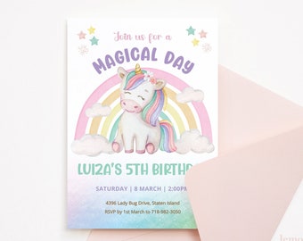 May include: A colourful invitation for a 5th birthday party featuring a rainbow and a unicorn. The invitation reads "Join us for a Magical Day" and "Luiza's 5th Birthday".