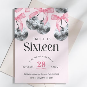 Cherry Disco Bow Invite, Trendy Pink bow Birthday invitation, Coquette Disco Ball invite, Any Age Girl Birthday, Preppy bow Invitation, PRP1