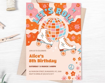 Editable Groovy disco roller skate birthday party invitation, Let's roll invite, roller disco, roller skate party, skating invitation, ROLL1