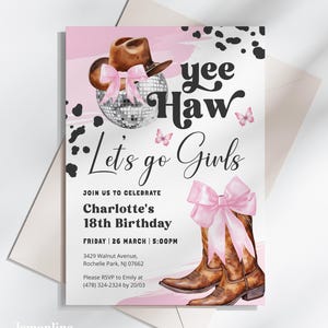 Coquette Cowgirl Invitation, Disco Ball Birthday Invitation, Cowboy Pink Preppy bows Girly invite Trendy Invitation, western coquette, PRP3