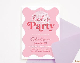 Editable Wavy invitation, pink wavy border invitation, pink wavy invite, disco ball invite, pink disco ball invitation, soft pink PINK2