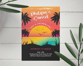 Invitación de verano EDITABLE, invitación a fiesta de verano, invitación al atardecer, invitación a la playa, invitación de cumpleaños imprimible para fiesta de playa de verano SUNS1