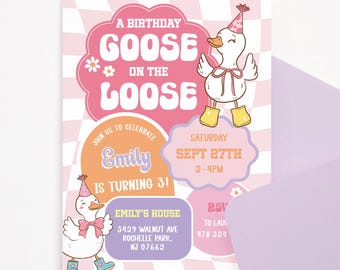 Silly Goose Birthday Invitation, Cute pink Goose Birthday, Animals Kid's Birthday girl Theme, Preppy one silly goose birthday invite, GOO1