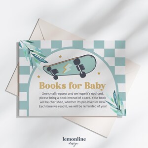 Boeken voor baby-insteekkaart, skateboard babyshower, kaart voor boekverzoek, neem een boekkaart mee in plaats van een kaart, baby aan boord skate, SB1