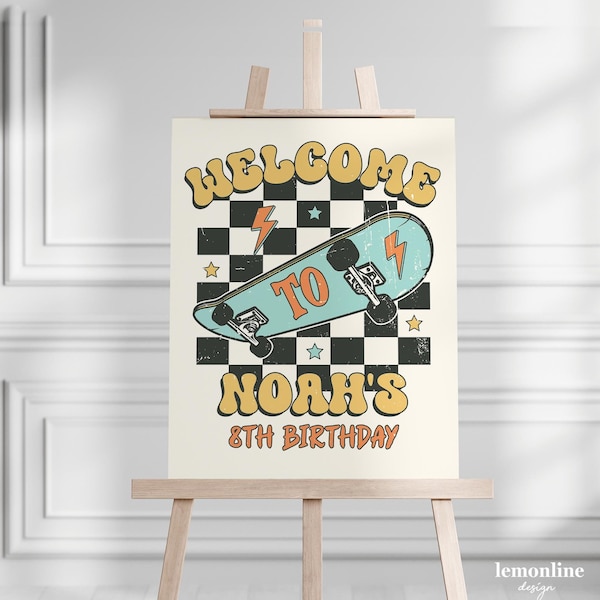 Skateboard Welcome Sign, Skateboard party decor, Welcome Sign Party, Skateboarding sign, Skateboarding theme, 8th Birthday Decor, ROLL3