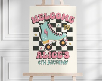 Bewerkbare Roller Skate Welkomstbord, Let's Roll verjaardagsfeestje, skate party decor, Roller skate ijsbaan verjaardag, Welcome Sign Party, ROLL7