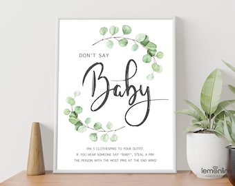 No digas letrero de bebé, no digas juego de bebé, no digas bebé, juego de baby shower, juego de pinzas para la ropa, juego de baby shower verde, letrero de juego de bebé EUCA2