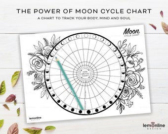 Moon mandala, Moon Cycle Chart, body, mind and soul tracker, Moon Tracker with Flowers colouring, Moon phases, Moon Chart, moon charting
