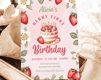 Berry First Birthday Invitation, Strawberry birthday, Strawberry First Birthday Invitation Girl, Pink Berry First Birthday Invitation, BRY2