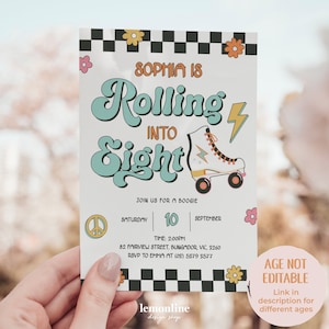 Invito Rolling into Eight, Invito allo Skate Party, Invito per l&#39;ottavo compleanno, Invito per pattini a rotelle, Invito per pattinaggio, Festa dell&#39;ottavo compleanno, ROLL6