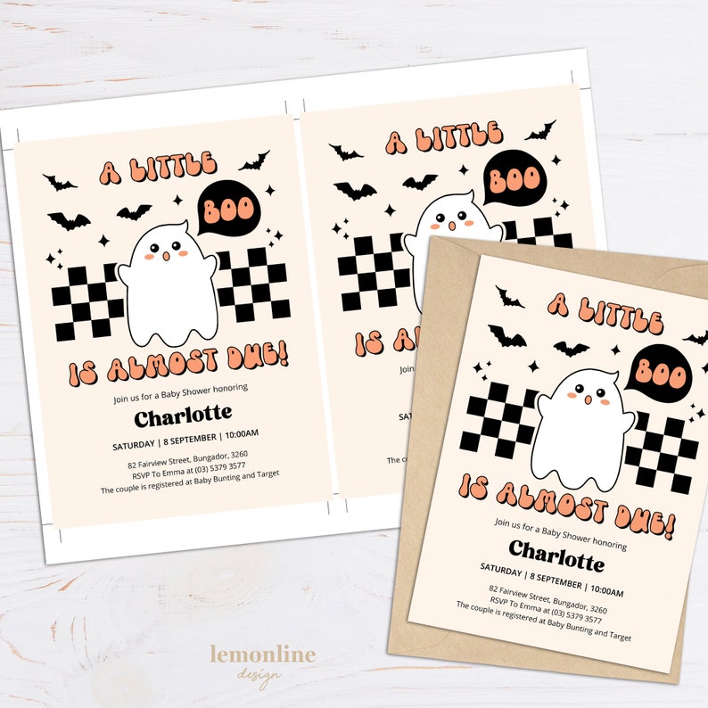 Peut inclure: Une invitation de f&ecirc;te pr&eacute;natale de couleur p&ecirc;che avec un fant&ocirc;me de dessin anim&eacute; et le texte "A Little Boo Is Almost Due!"  Rejoignez-nous pour une f&ecirc;te pr&eacute;natale en l'honneur de Charlotte. Samedi 8 septembre &agrave; 10h00. 82 Fairview Street, Bungador, 3260. RSVP &agrave; Emma au (03) 5379 3577. Le couple est enregistr&eacute; chez Baby Bunting et Target.