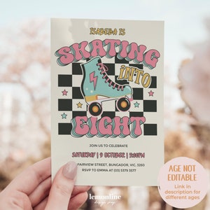 Skating into Eight invitation, Let's Roll Invite, 8th invite for girl, 8th Invite Girl, 8th Invite, skate rink birthday, Roller skate, ROLL7