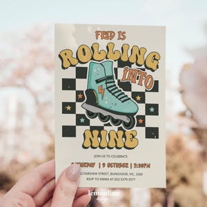 May include: A retro-style birthday party invitation with a blue and white roller skate on a black and white checkered background. The text reads "Fred is rolling into nine." The invitation includes the date and time of the party, the address, and RSVP information.