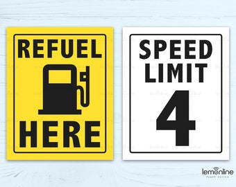 Speed Limit 4 Sign, Refuel Here Sign, Road Signs birthday party decoration, cars birthday party decoration, Boy fourth birthday, RS1