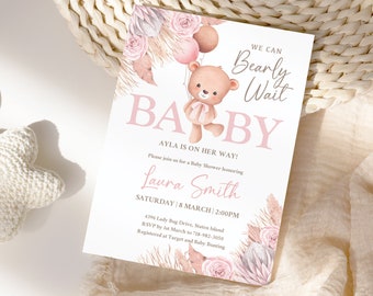 May include: A pink and white baby shower invitation with a cute teddy bear holding balloons. The invitation says "We can Bearly Wait" and "Baby Ayla is on her way!"  Please join us for a Baby Shower honoring Laura Smith. Saturday, 18 March, 2:00PM. 4396 Lady Bug Drive, Staten Island. RSVP by 1st March to 718-982-3050. Registered at Target and Baby Bunting.