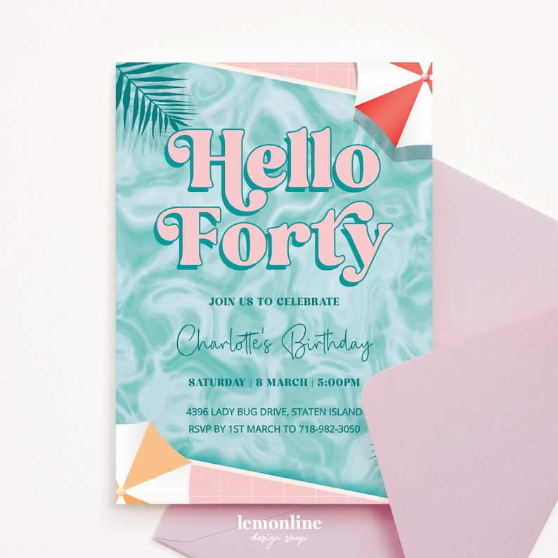 Editable Forty birthday invitation, Pool Party Theme, 40 birthday for her, Pool Party Invite, invitations for her, Pool party birthday POOL1 image 4