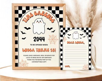 May include: A printable time capsule sign with a ghost and bats in a black and white checkered background. The sign says "Time Capsule 2044 To Be Opened When Lucca Turns 18!" and includes a space for messages.