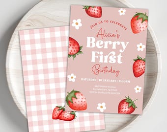 Berry First Birthday Invitation, Berry 1st Birthday, Strawberry 1st Birthday Invite, Berry Sweet Birthday, Strawberry Theme Birthday, BRY5