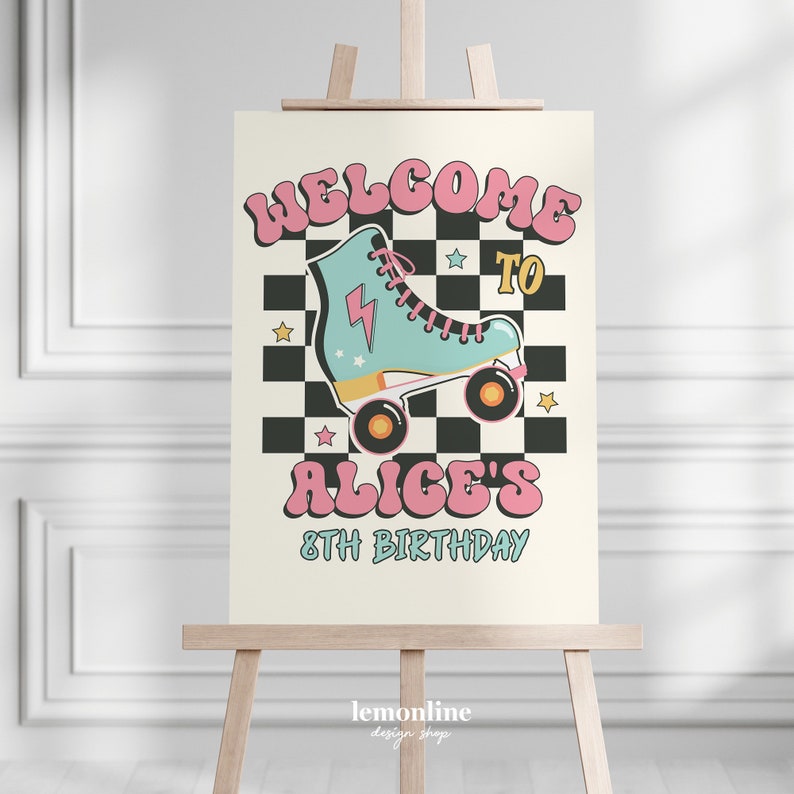 Roller Skating Rink Sign Editable Roller Skate Welcome Sign, Let's Roll Birthday Party, Skate ...