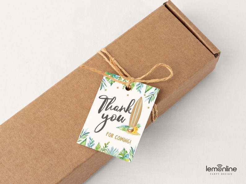 May include: White thank you tag with green tropical leaves, a surfboard, and gold glitter. The text reads "Thank you for coming!"