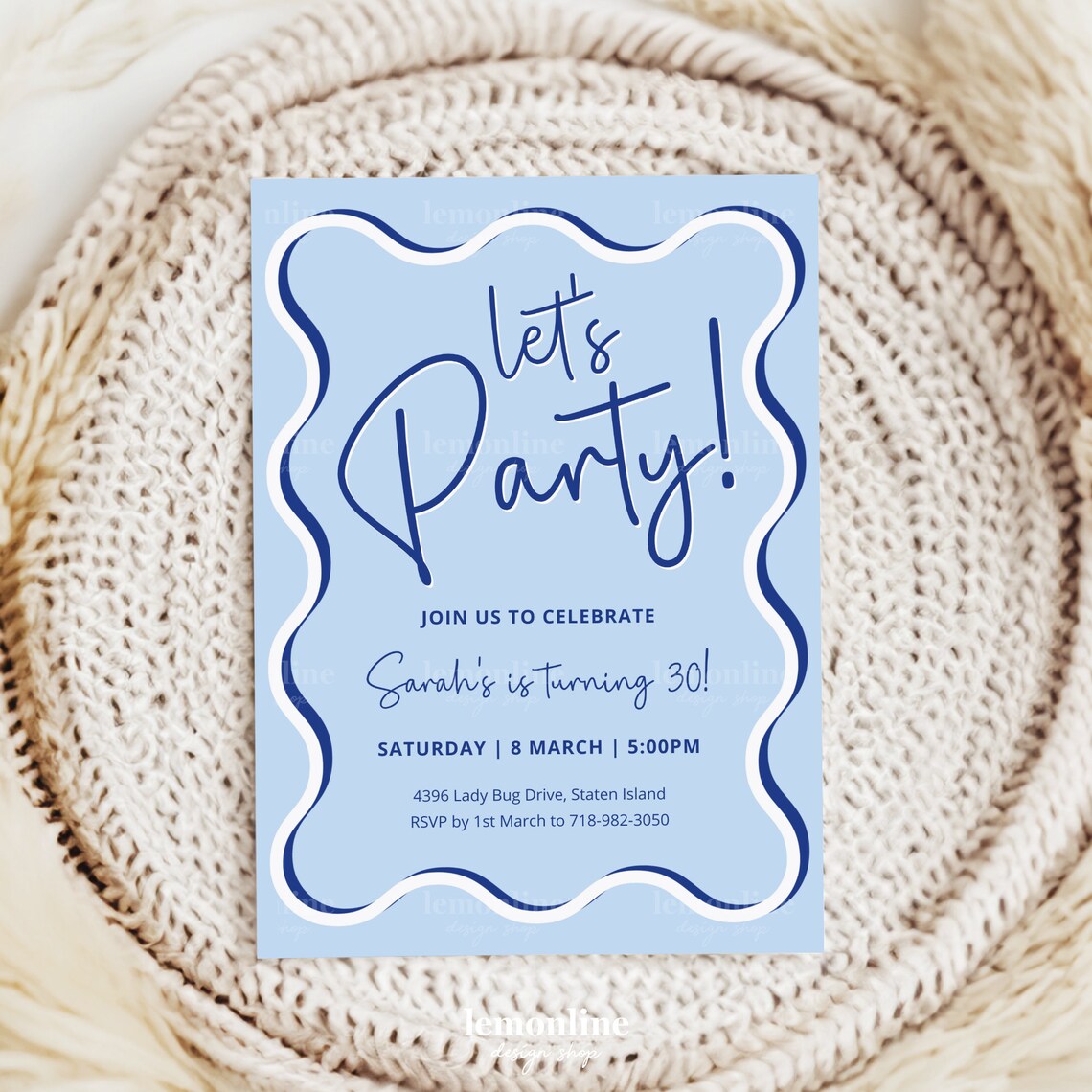 Fun Blue Invite Frame Editable Blue Wavy Invitation, Wavy Border Invitation, Blue Wavy Invite ...