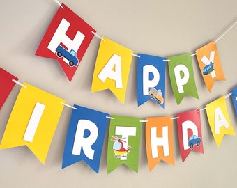 Transportation banner, transportation birthday banner, vehicle banner, banner happy birthday, transportation theme party decoration, VEH01