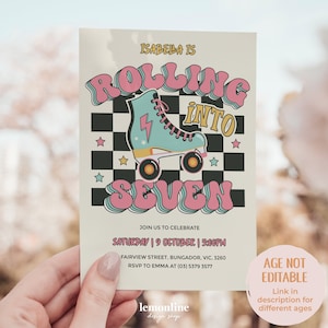 Rolling into Seven invitation, Let's Roll Invite, 7th birthday invite template digital, skate rink birthday, 7th Birthday Girl, Roll, ROLL7