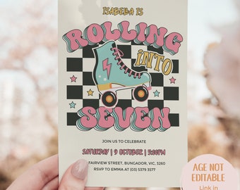 Rolling into Seven invitation, Let's Roll Invite, 7th birthday invite template digital, skate rink birthday, 7th Birthday Girl, Roll, ROLL7