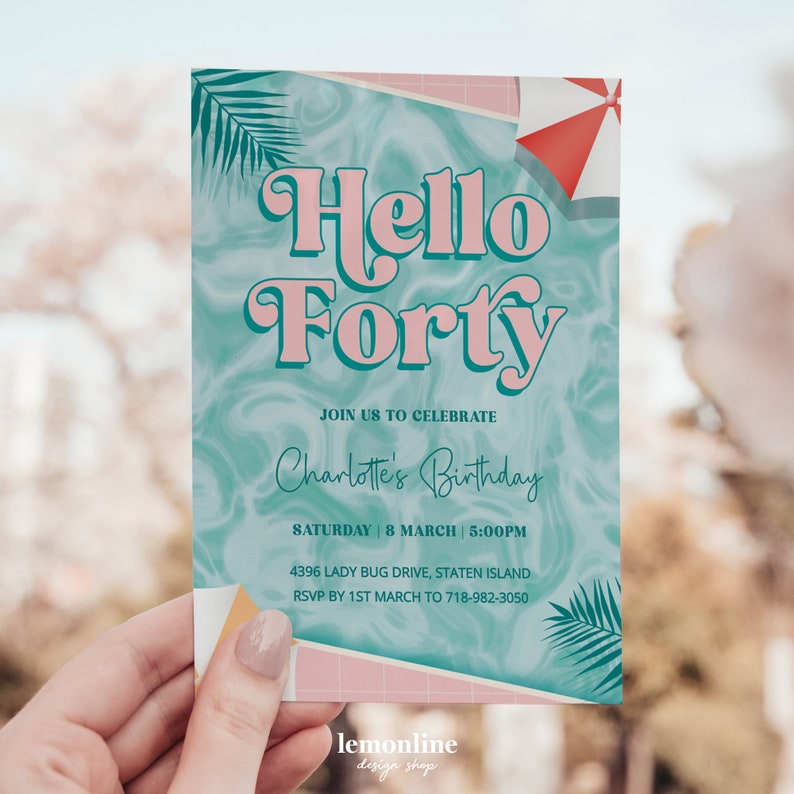 Editable Forty birthday invitation, Pool Party Theme, 40 birthday for her, Pool Party Invite, invitations for her, Pool party birthday POOL1 image 1