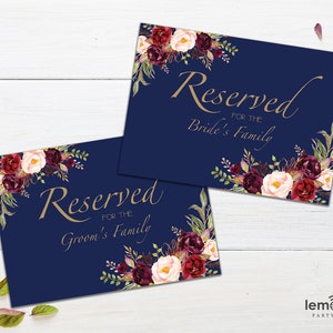 Placa de Casamento Reservado, Azul Marinho Reservado, Reservado para a família da Noiva Reservado para a família do noivo Placa de casamento, Item Atualizado, MARINHA