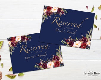 Wedding Reserved Sign, Navy Blue Reserved, Reserved for the Bride's family Reserved for the groom's family wedding sign, Updated Item, NAVY