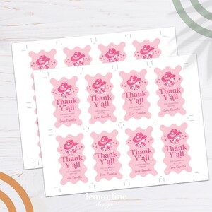 May include: Pink and white thank you favor tags with a disco ball and cowboy hat design. The text reads "Thank Y'all" with the words "For celebrating with me" and "Love, Camilla".