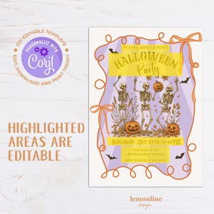 K&ouml;nnte beinhalten: Halloween-Party-Einladung mit lila Rand und orangefarbenen Akzenten. Die Einladung zeigt tanzende Skelette, K&uuml;rbisse und Flederm&auml;use. Der Text enth&auml;lt "Halloween Party" und editierbare Bereiche. Das Design ist von lemonline design.