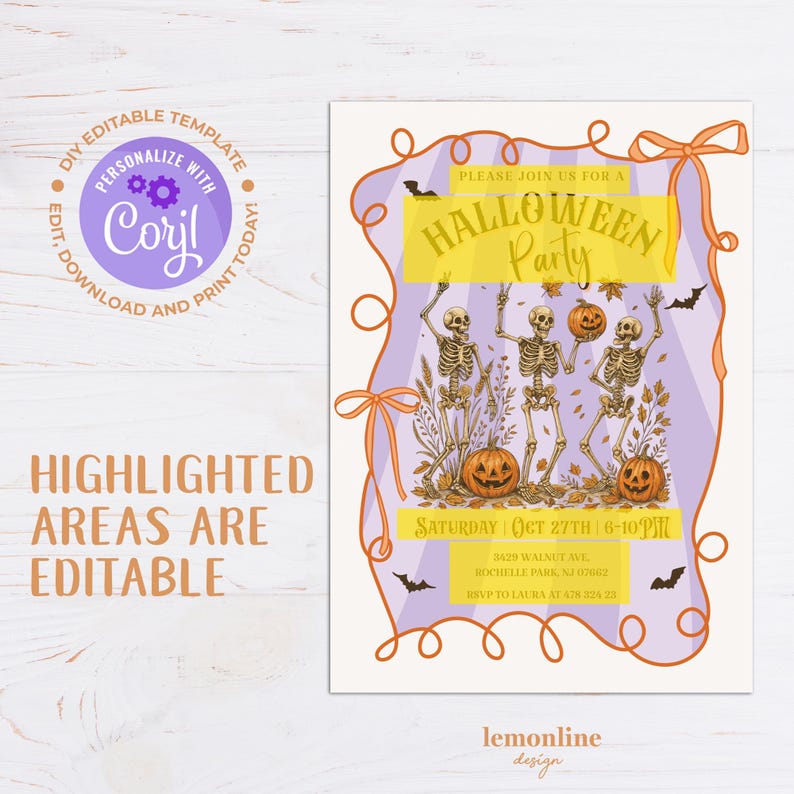 K&ouml;nnte beinhalten: Halloween-Party-Einladung mit lila Rand und orangefarbenen Akzenten. Die Einladung zeigt tanzende Skelette, K&uuml;rbisse und Flederm&auml;use. Der Text enth&auml;lt "Halloween Party" und editierbare Bereiche. Das Design ist von lemonline design.