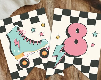 Banner editável de patins, vamos rolar banner de aniversário diy, aniversário de pista de skate, decoração de festa de patinação, decoração xadrez de patins, ROLL7