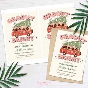 K&ouml;nnte beinhalten: Einladung zu einer &bdquo;Groovy and Bright&ldquo;-Weihnachtsfeier mit einem Retro-Van, der mit einem Weihnachtsbaum geschm&uuml;ckt ist. Die Einladung enth&auml;lt das Datum, die Uhrzeit und den Ort der Feier. RSVP an Emma unter (03) 5379 3577.