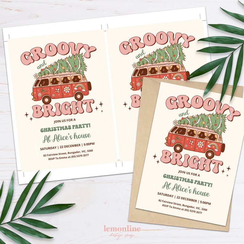 K&ouml;nnte beinhalten: Einladung zu einer &bdquo;Groovy and Bright&ldquo;-Weihnachtsfeier mit einem Retro-Van, der mit einem Weihnachtsbaum geschm&uuml;ckt ist. Die Einladung enth&auml;lt das Datum, die Uhrzeit und den Ort der Feier. RSVP an Emma unter (03) 5379 3577.