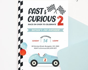 May include: A birthday invitation with a checkered flag design and a blue race car. The invitation says "Fast & Curious 2" and "Race on over to celebrate Nathan's 2nd Birthday!"  The date and time of the party are listed as "Sunday, September 14, 1:00PM".