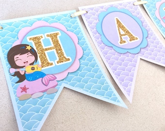 Estandarte de cumpleaños de sirena, estandarte de sirena imprimible, bajo el estandarte de cumpleaños del mar, estandarte de feliz cumpleaños, fiesta de decoración de sirena, estandarte, MER01