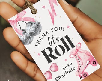 Roller Skating with bows Favor Tag, Skate Party Birthday gift tag, skating thank you tag, skate rink birthday, Editable Let's Roll Tag, PRP2