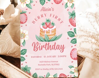 Berry First Birthday Invitation, Strawberry birthday, Strawberry First Birthday Invitation Girl, Pink Berry First Birthday Invitation, BRY1