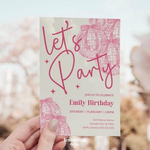 Pink Disco Ball Birthday Invitation, Pink Disco Pink bows Girly invite Trendy Invitation, Girl Birthday Invitation, coquette invitation PRP1