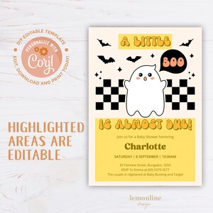 Peut inclure: Une invitation de f&ecirc;te pr&eacute;natale jaune et orange avec un fant&ocirc;me de dessin anim&eacute; et le texte "A Little Boo Is Almost Due!"  Rejoignez-nous pour une f&ecirc;te pr&eacute;natale en l'honneur de Charlotte. Samedi 8 septembre, 10h00. 82 Fairview Street, Bungador, 3260. RSVP &agrave; Emma au (03) 5379 3577. Le couple est enregistr&eacute; chez Baby Bunting et Target.