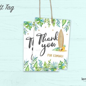 May include: Two white gift tags with a tropical theme. The tags feature green and blue tropical leaves, a surfboard, a coconut, and gold stars. The text on the tags reads "Thank you for coming!"